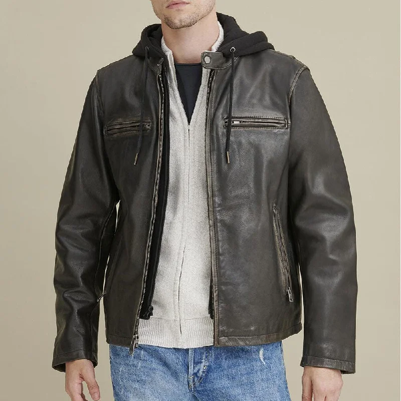 Mens Hooded Biker Leather Jacket