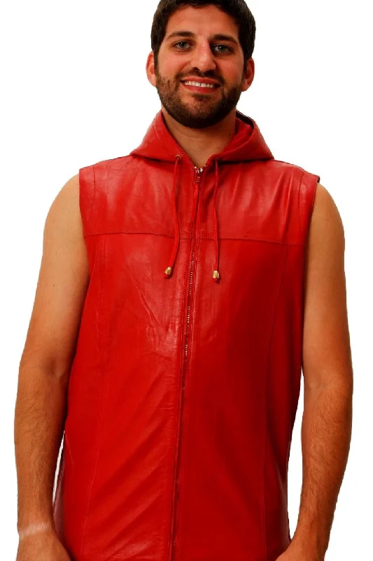 Mens Hooded Leather Vest - Red