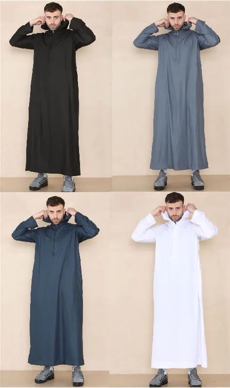 Mens Hooded Thobe Hood Jubba Nehru Stand Collar Islamic Clothing Muslim Kaftan Robe Saudi Slim Regular Fit