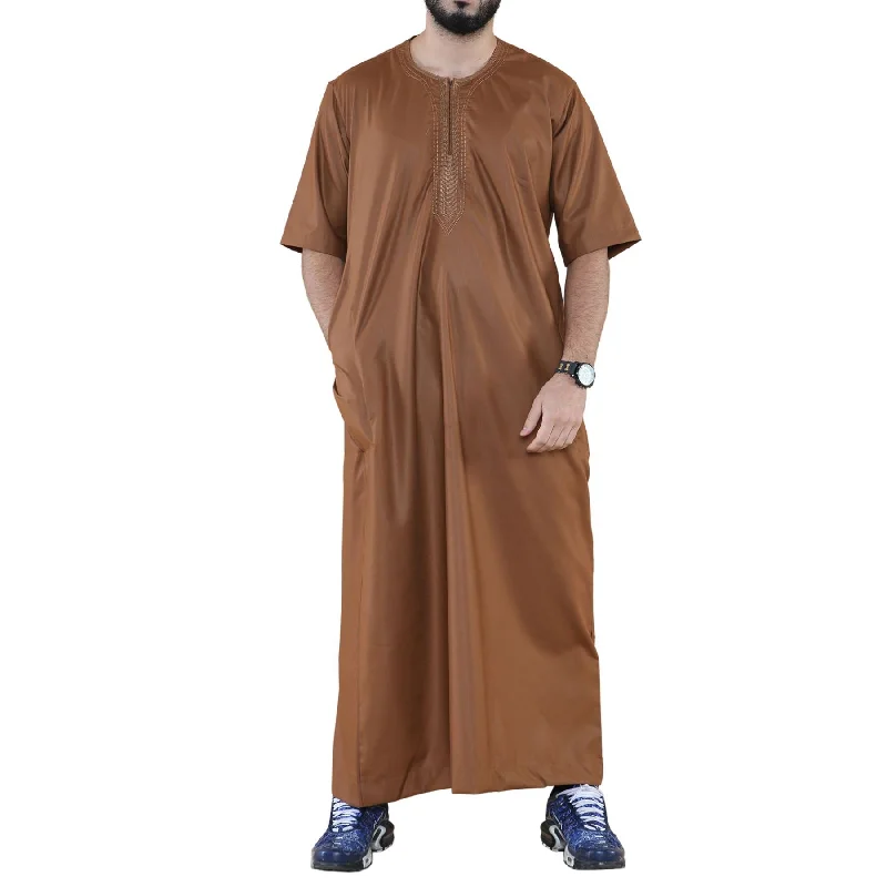 Mens Thobe Jubba Islamic Clothing Kaftan Half Sleeve Robe Moroccan Arab Zipped