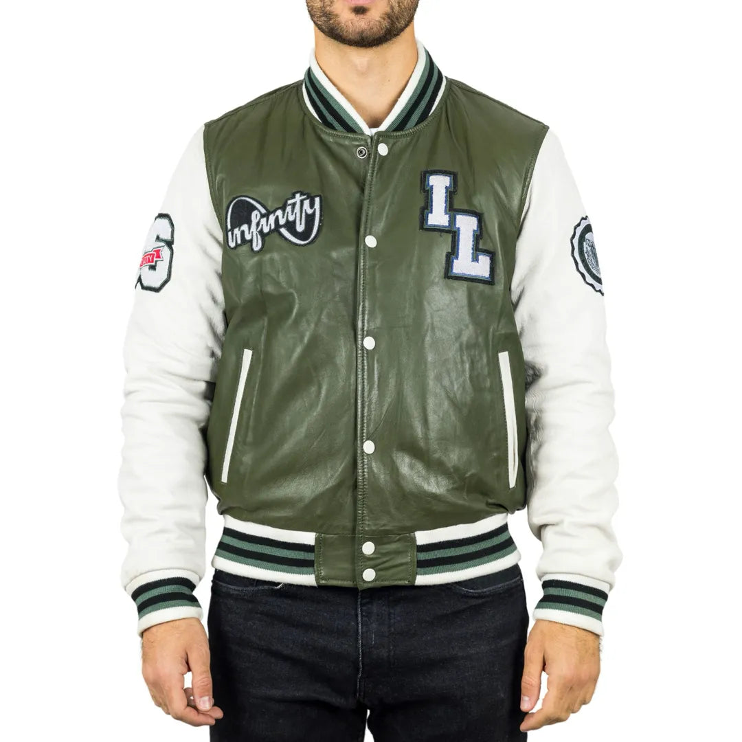 Men's Olive Green Leather Letterman Bomber Jacket