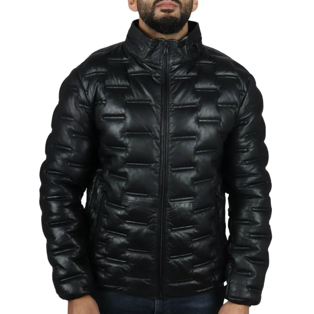 Men's Puffer Quilted Real Leather Waist Length Jacket