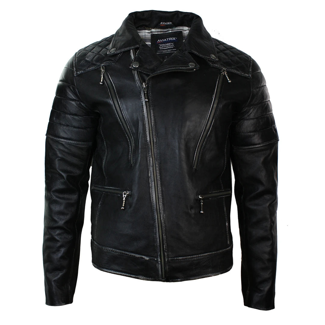 Men's Punk Rock Leather Cross Zip Biker Jacket Effect