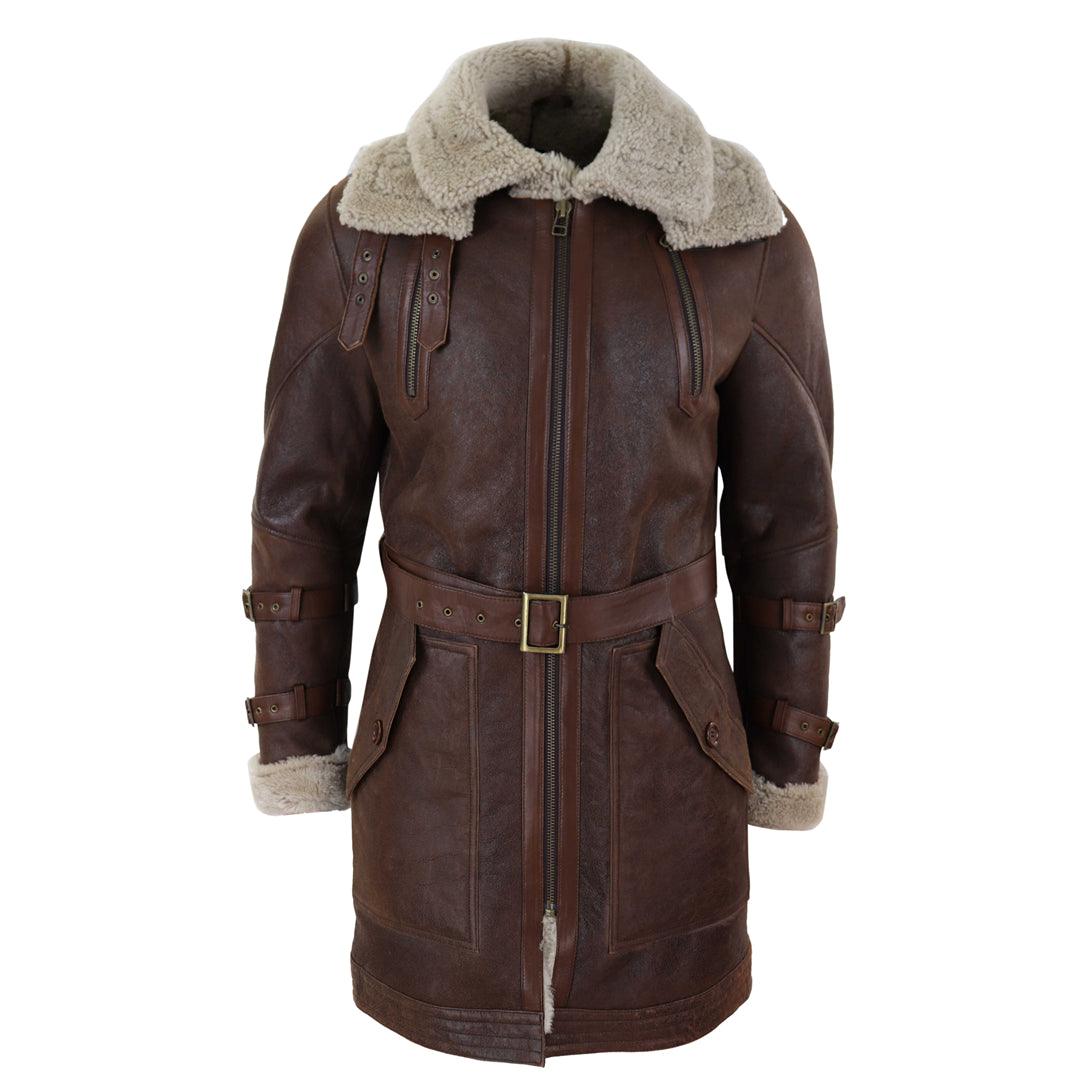 Mens Real 3/4 Shearling Sheepskin Jacket Brown Beige Long Belt Flying Cockpit