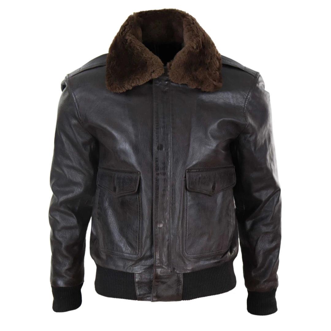 Mens Real Leather Aviator Bomber Jacket Removable Fur Collar Pilot Flying Jacket