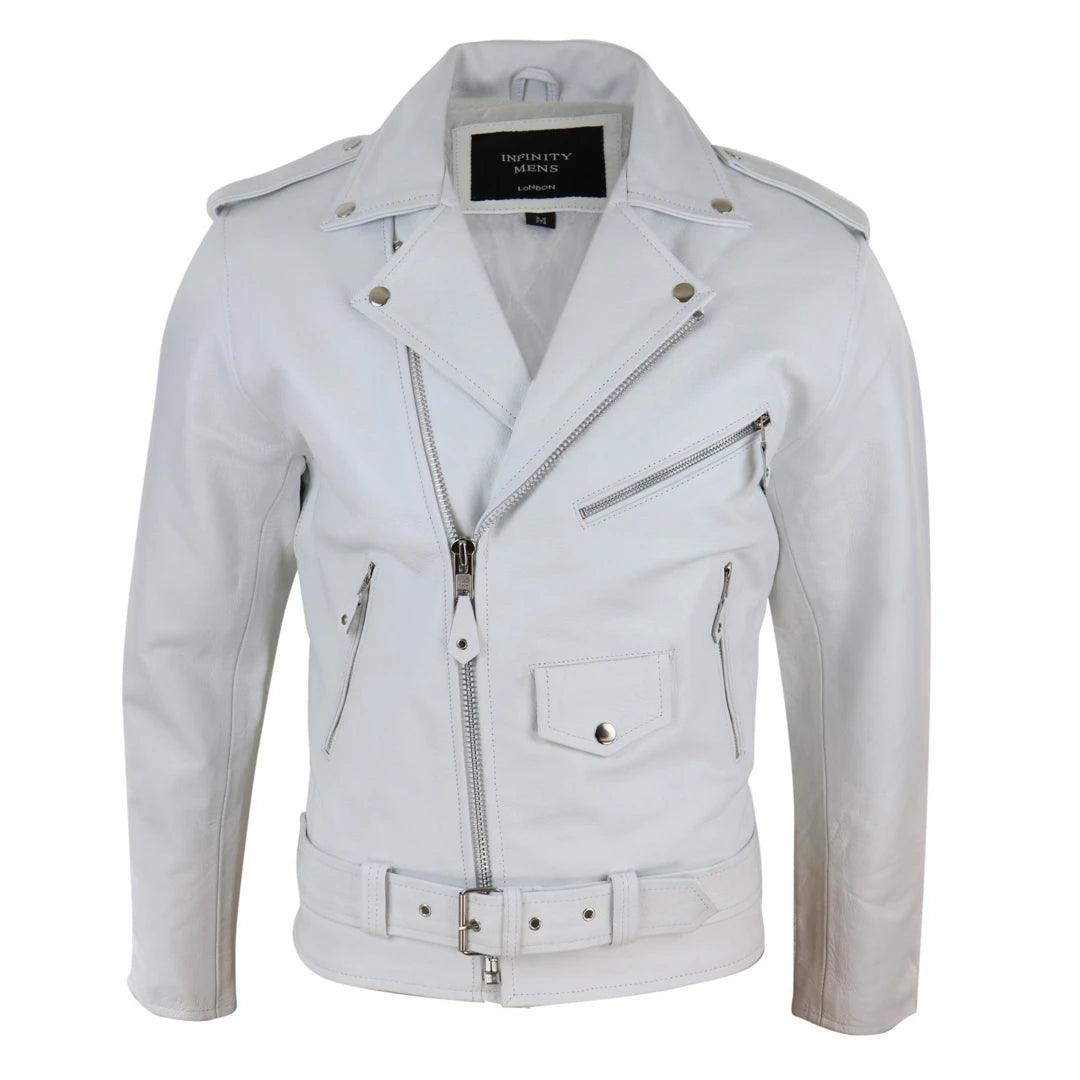 Mens Real Leather Biker Jacket Cross Zip Brando White Hide Grease Classic