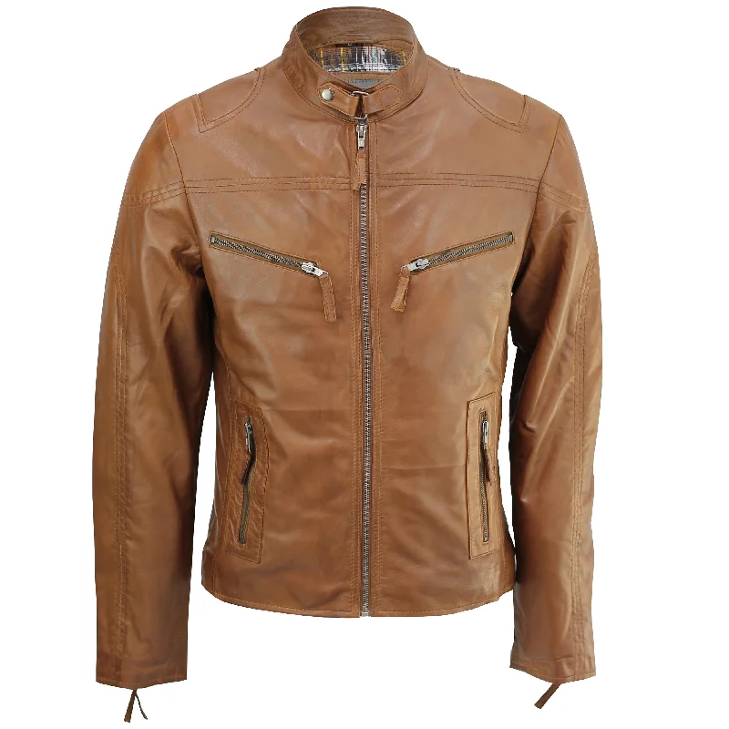 Mens Real Leather Biker Jacket Vintage Wood Brown Slim Fit Retro Smart Casual