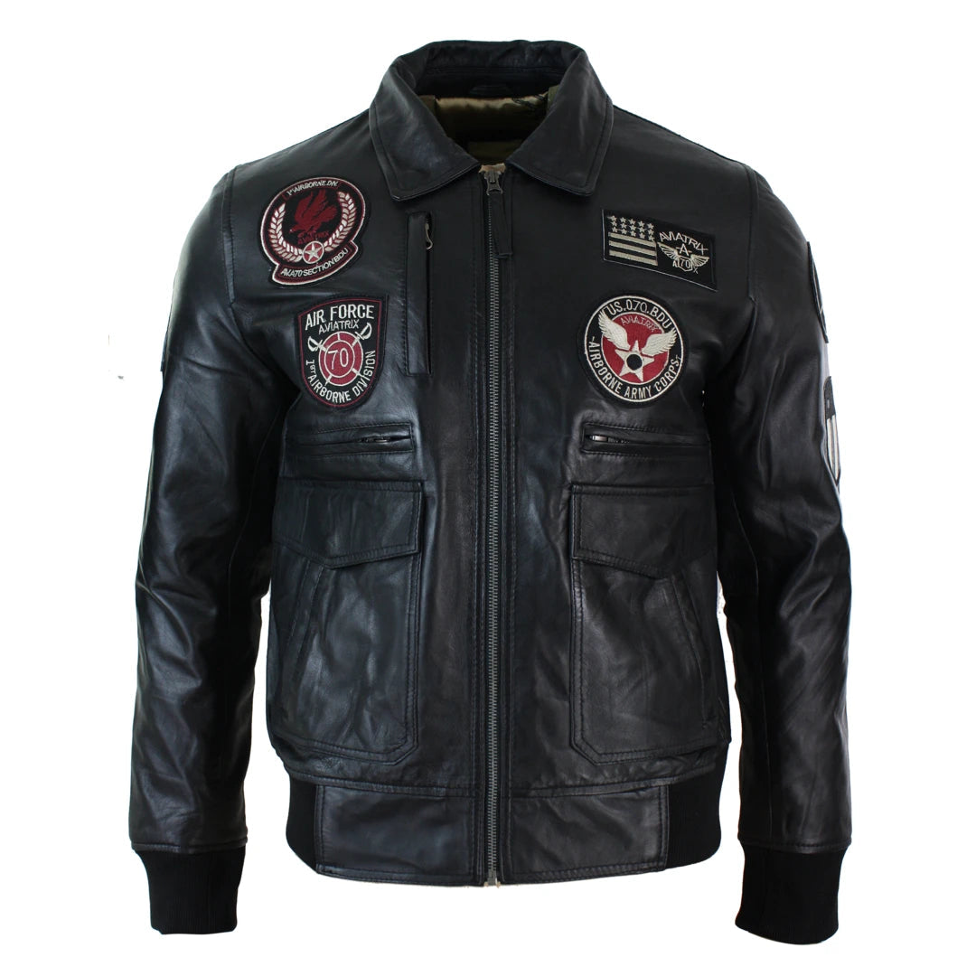 Men's Leather Bomber Badge Air Force Pilot Aviator Jacket