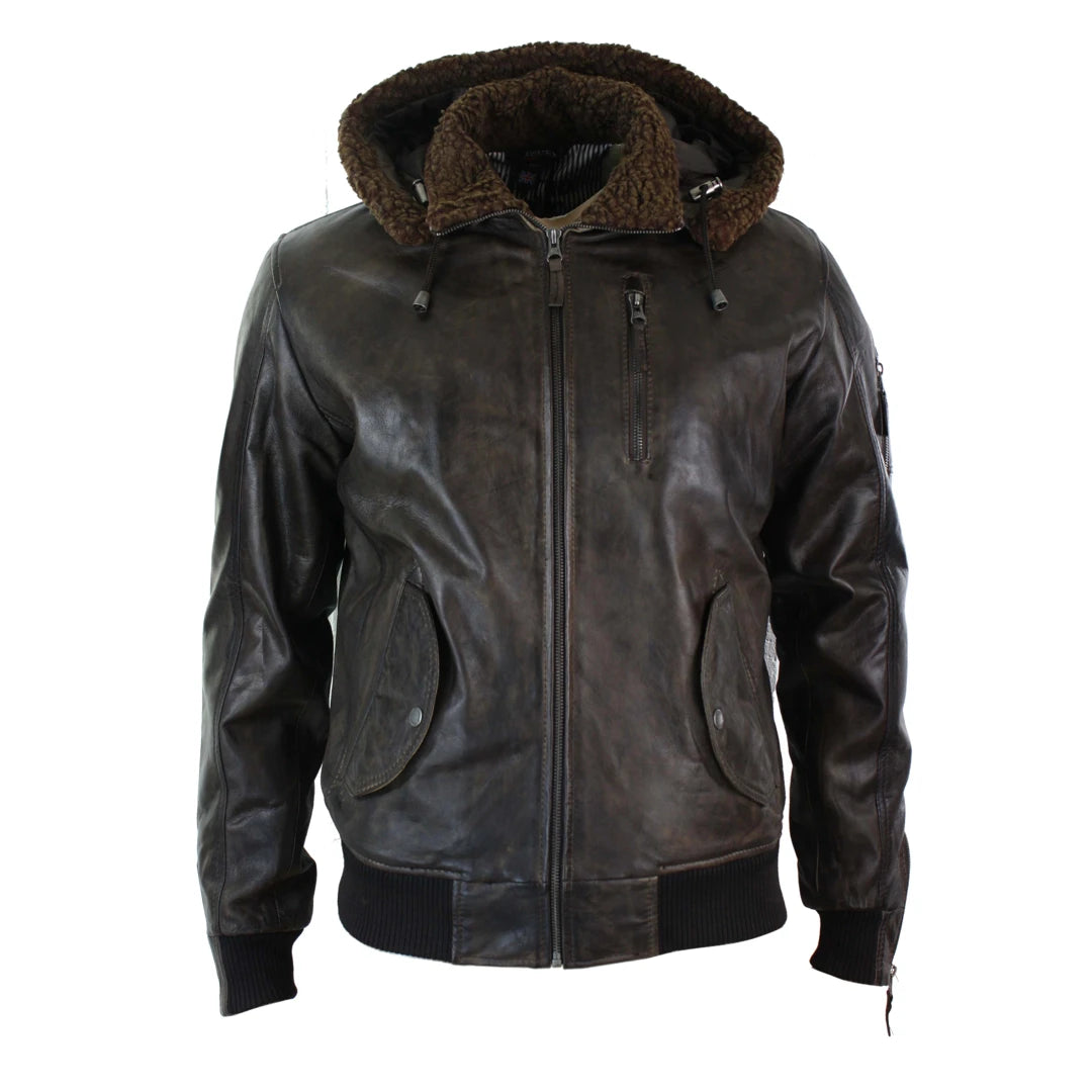 Men's Leather Hood Fur Jacket Bomber Aviator Tan Brown