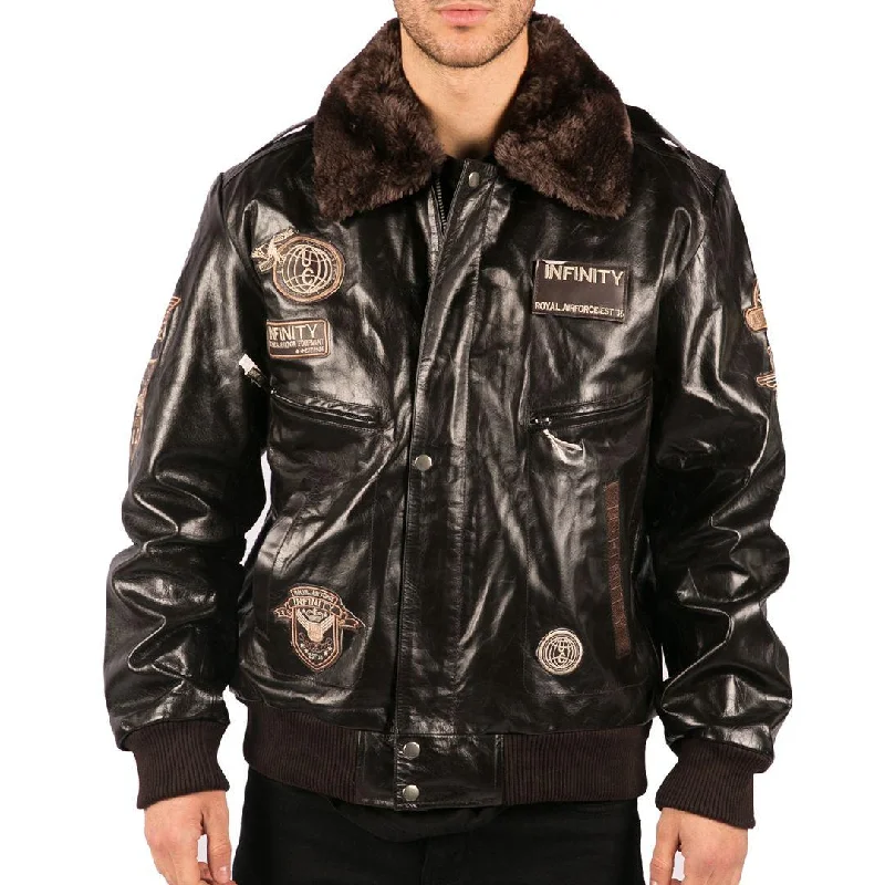 Mens Real Leather Jacket Bomber Aviator Style Badge Design Brown