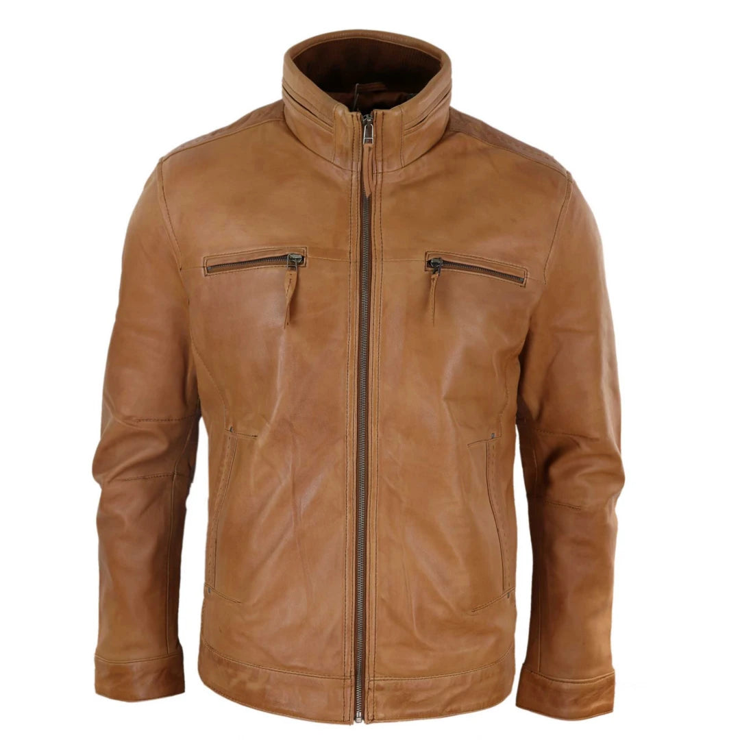 Men's Leather Jacket Zipped Biker High Collar