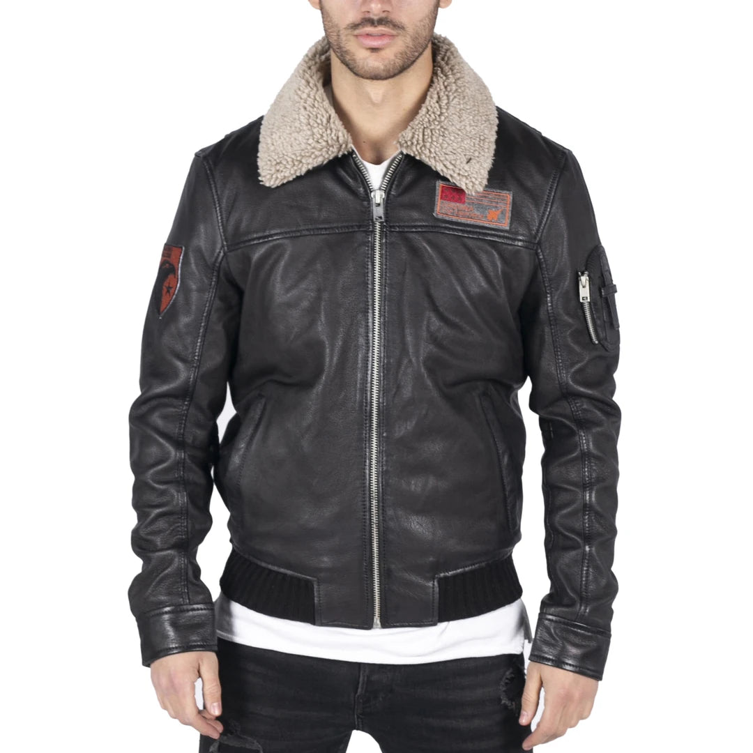 Men's Leather Pilot Bomber Jacket Air Force Badge & Fur Collar