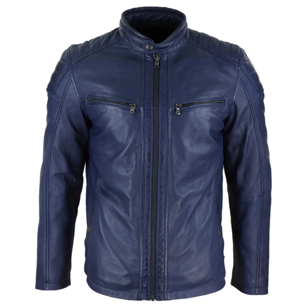 Men's Leather Jacket Biker Zipped Tailored Fit