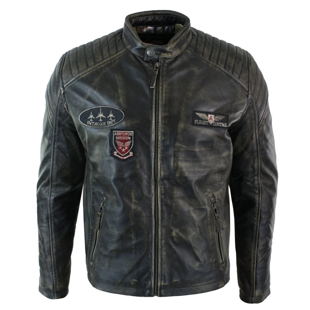 Men's Leather Washed Biker Airforce Jacket Distressed Fit