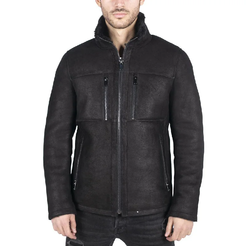 Mens Real Sheepskin Jacket Short Zipped Casual Retro Vintage Black Zipped