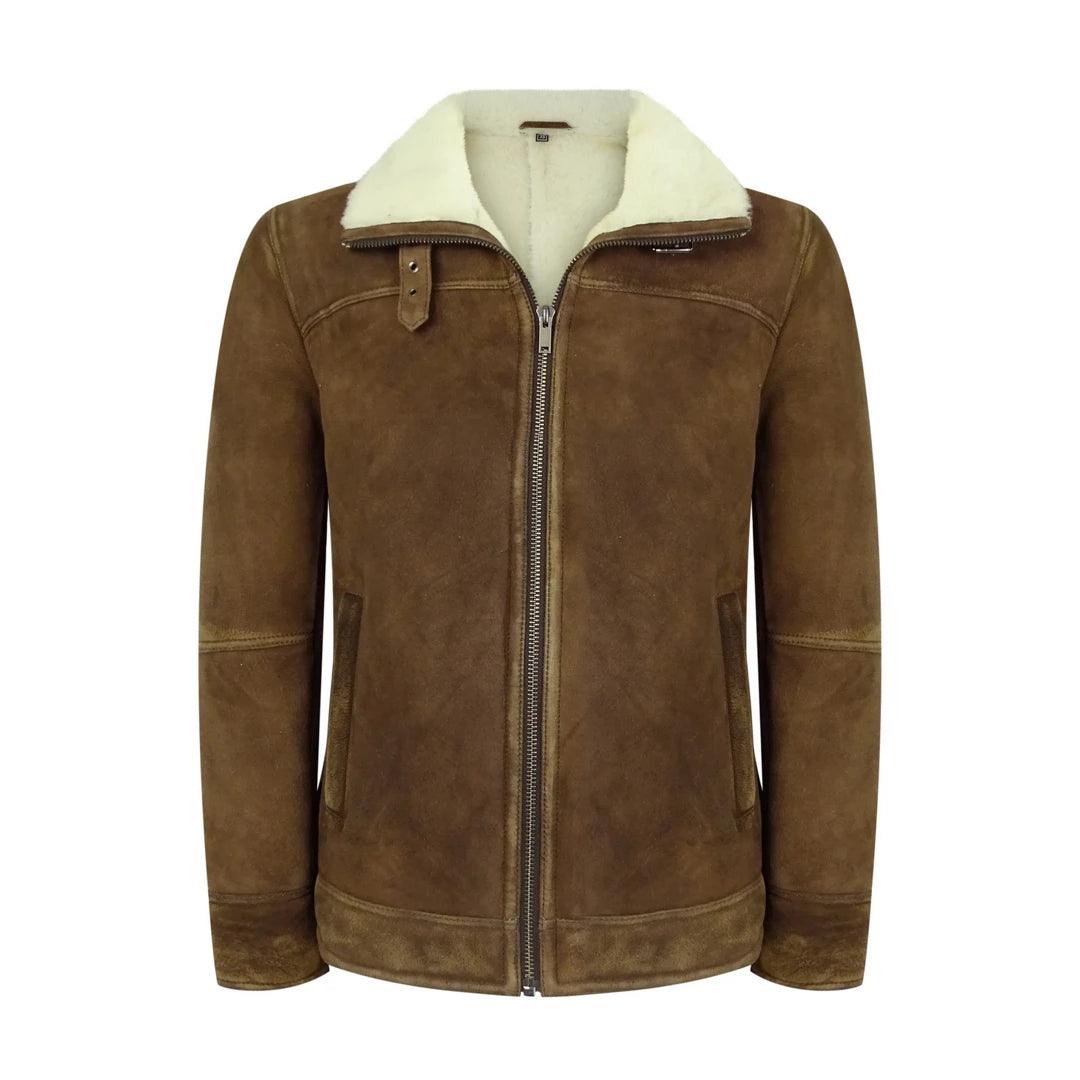 Mens Real Sherling Sheepskin Suede Jacket Brown Tan Vintage Zip Flying Pilot WW2