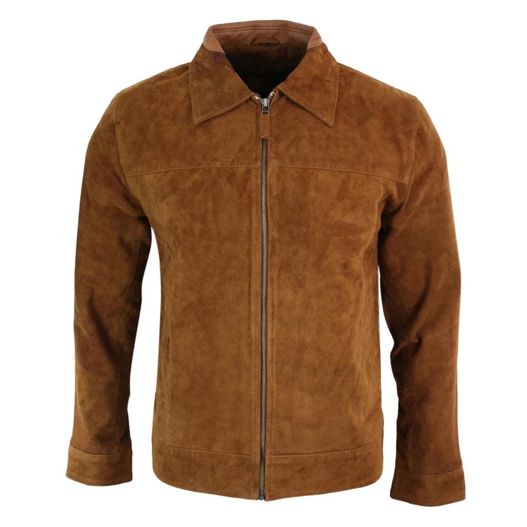 Mens Real Suede Leather Classic Zip Jacket Camel Turn Down Collar Vintage Retro