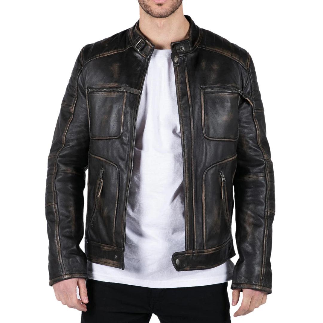 Mens Retro Real Leather Black Brown Washed Jacket Biker Style Zipped