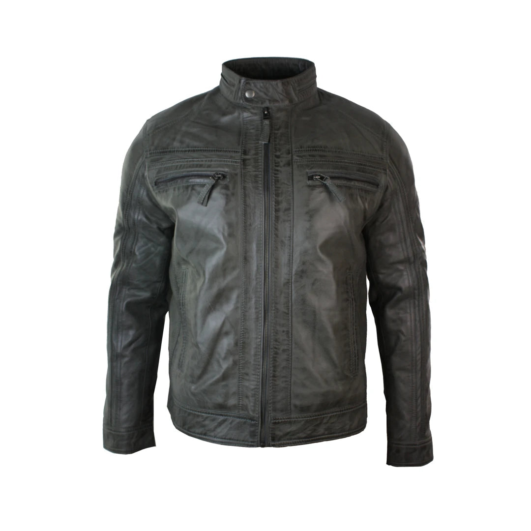 Men's Zipped Biker Jacket Leather Soft Grey