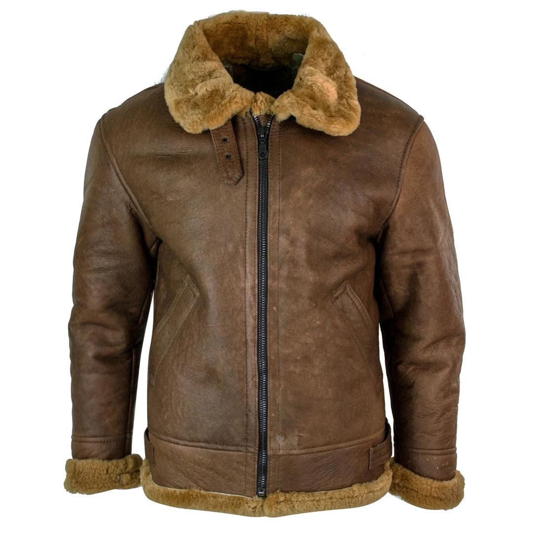 Mens Retro Vintage Classic Real Sheepskin RAF Pilot Flying Jacket Tan Ginger Fur Zip