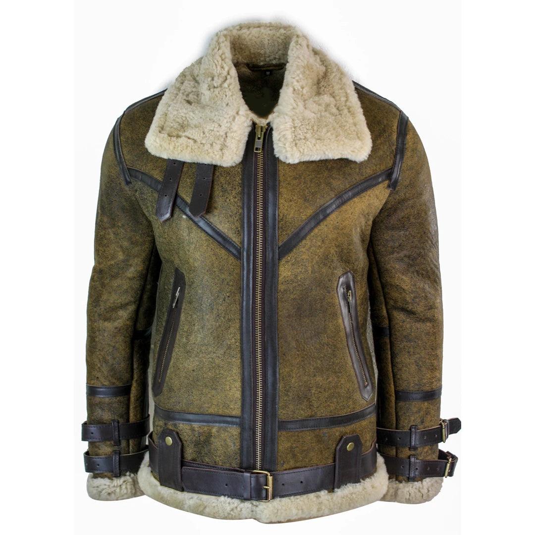 Mens Sherling Real Sheepskin Leather Viking Vintage RAF Jacket Brown Cream Fur