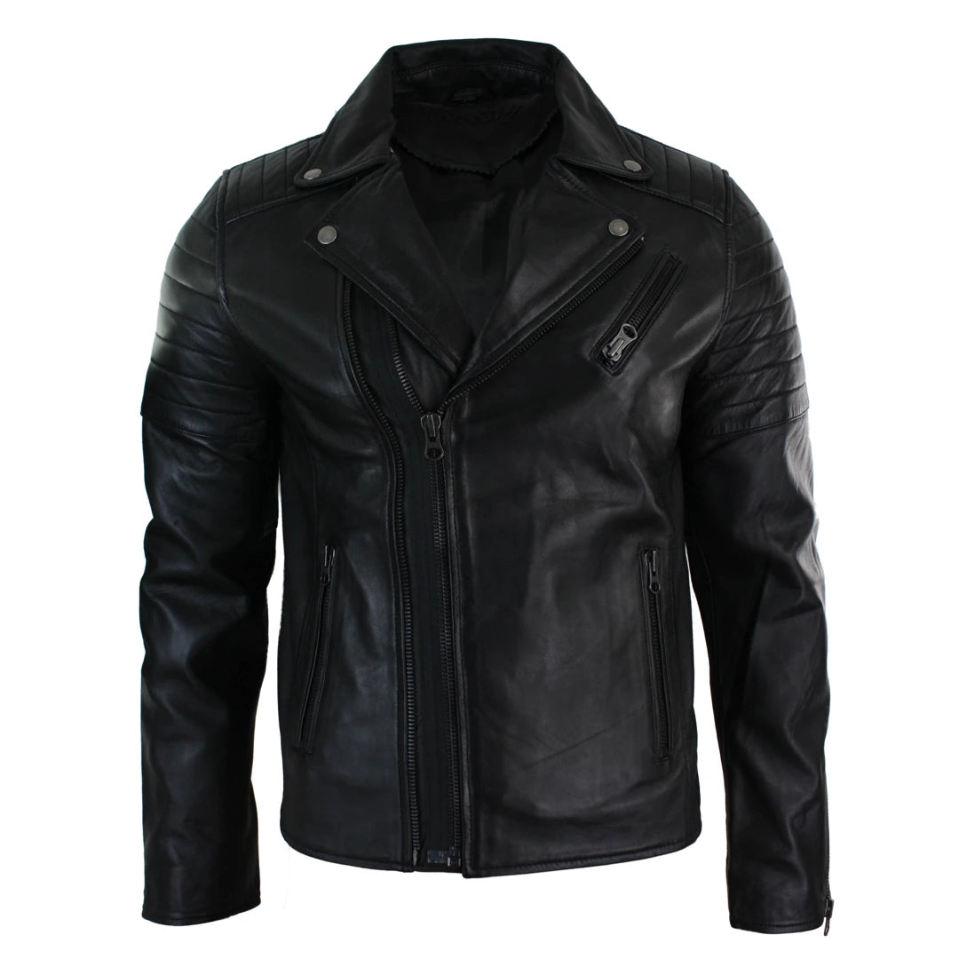 Mens Slim Fit Cross Zip Retro Vintage Brando Real Leather Jacket Vintage Biker