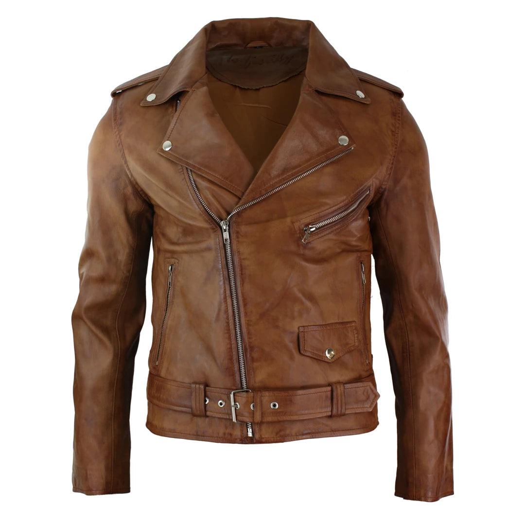 Mens Slim Fit Cross Zip Tan Brown Brando Casual Soft Real Leather Jacket