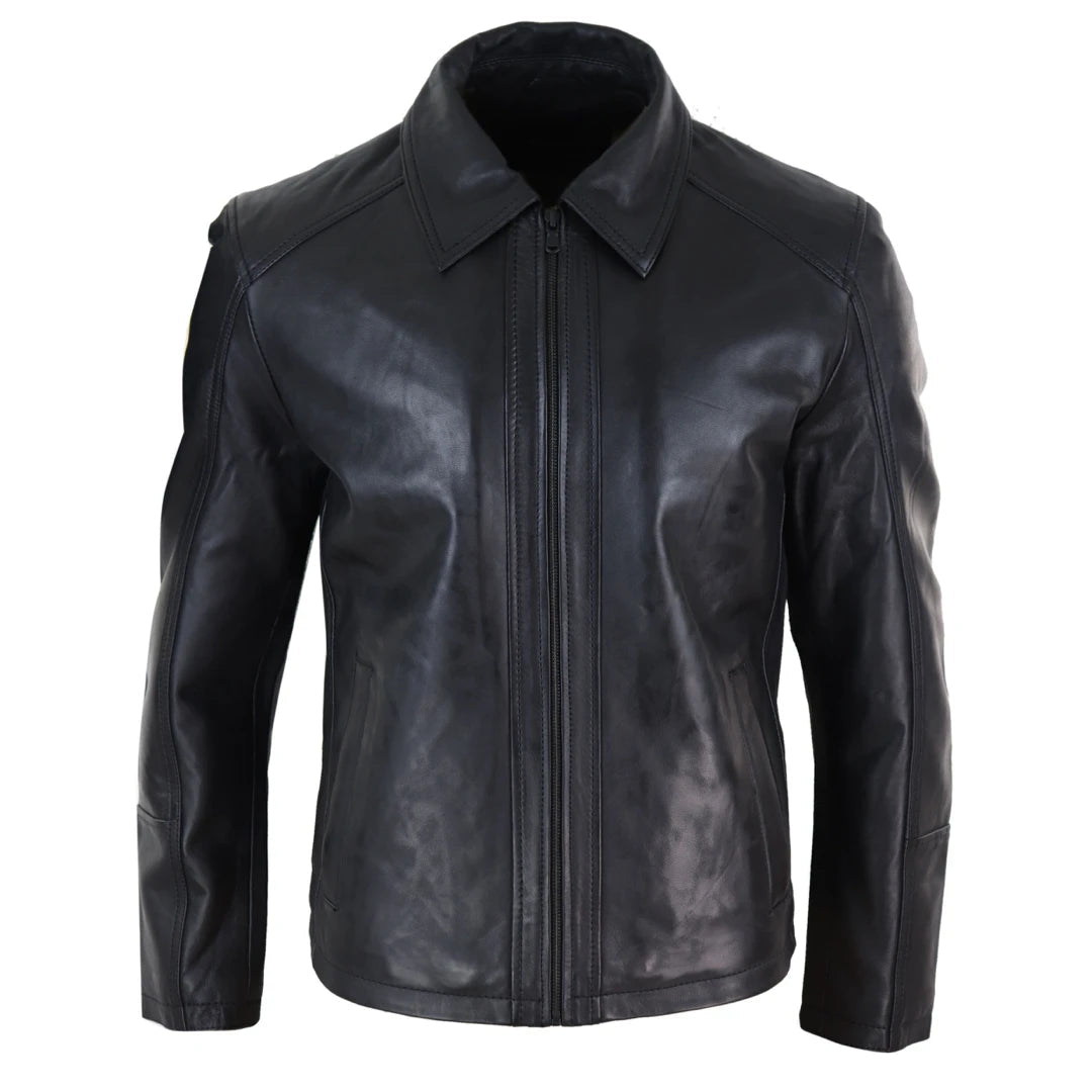 Men's Leather Jacket Black Tan Zipped Classic Soft Napa