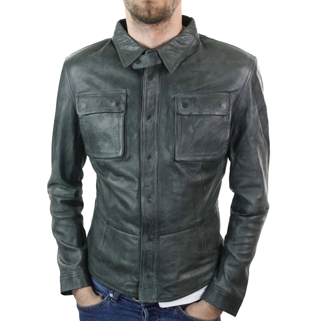 Men's Stud Shirt Leather Jacket Tan Grey Black Skinny