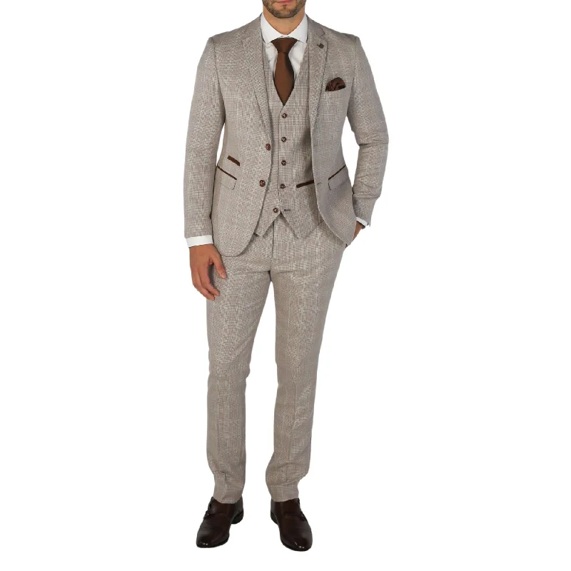 Men’s slim-fit blazers for parties-Men's Suit Beige 3 Piece Checked Tailored Fit Formal Dress