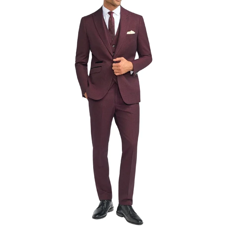 Men’s elegant tuxedo blazers-Men's Suit Burgundy 3 Piece Checked Tailored Fit Formal Dress