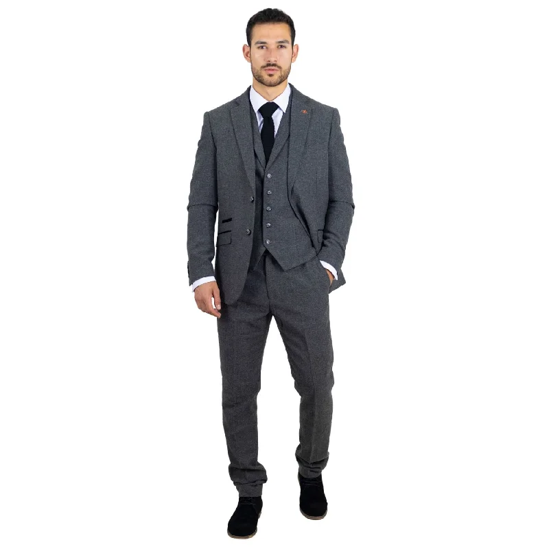 Men's Suit Grey 3 Piece Herringbone Tweed Wool Blend Classic Formal Dress