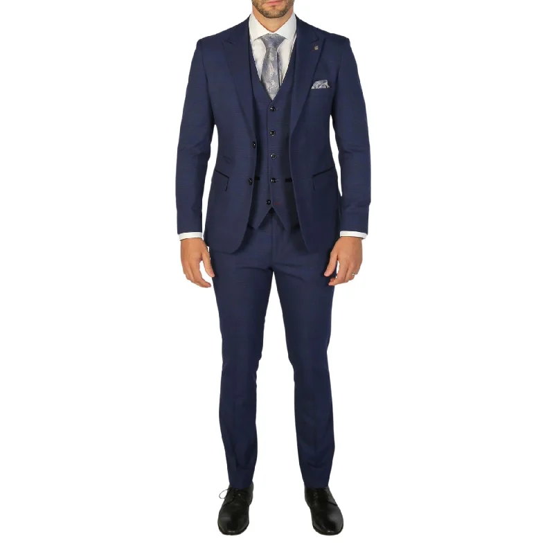 Men’s single-breasted blazers-Men's Suit Navy Blue 3 Piece Checked Tailored Fit Formal Dress