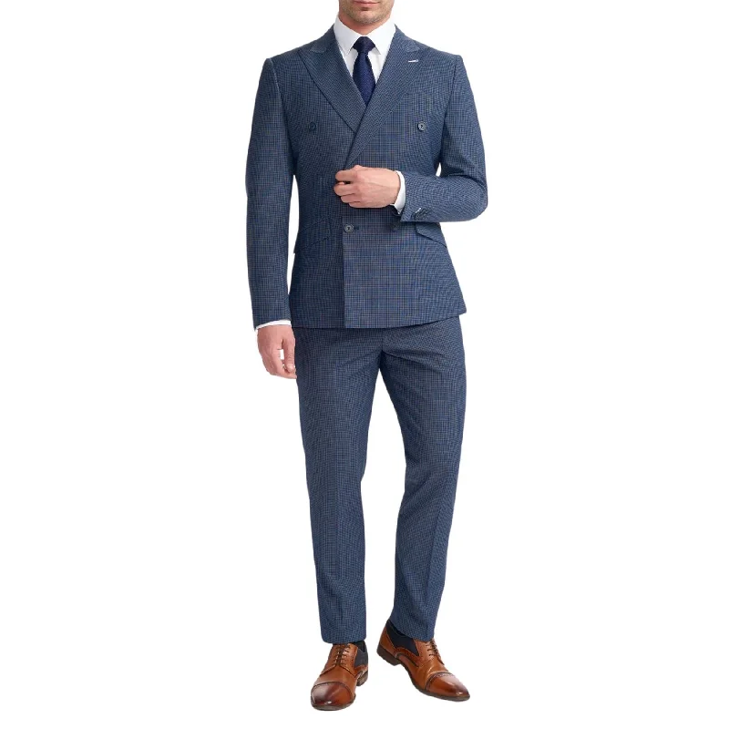 Men's Suit Navy Check 2 Piece Double Breasted Tailored Fit Formal Wedding Dress