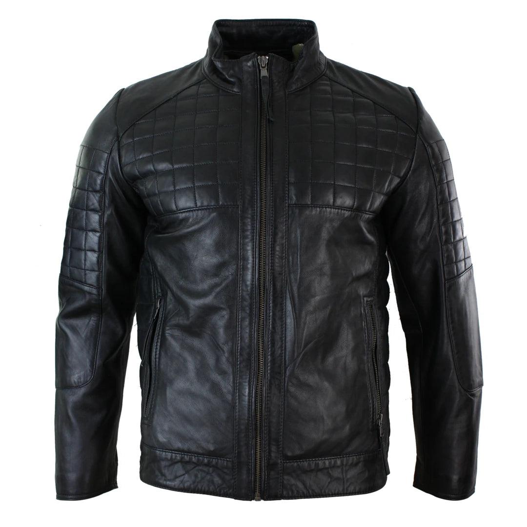 Mens Tailored Fit Real Leather Stitch Designer Real Leather Zipped Biker Jacket