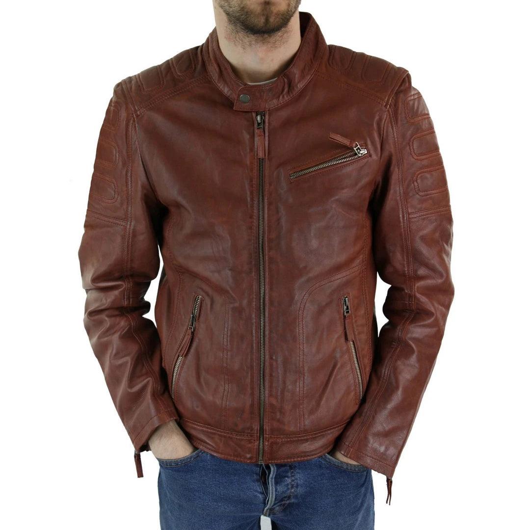 Mens Tan Brown Short Biker Real Leather Jacket Vintage Tailored Fit Genuine