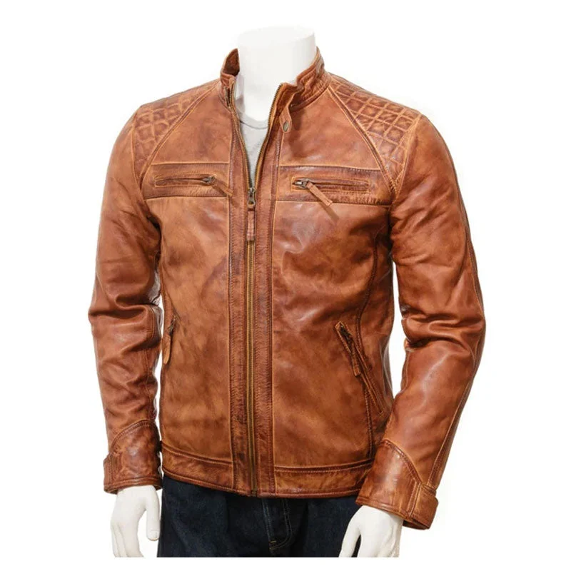 Mens Tan Leather Biker Jacket