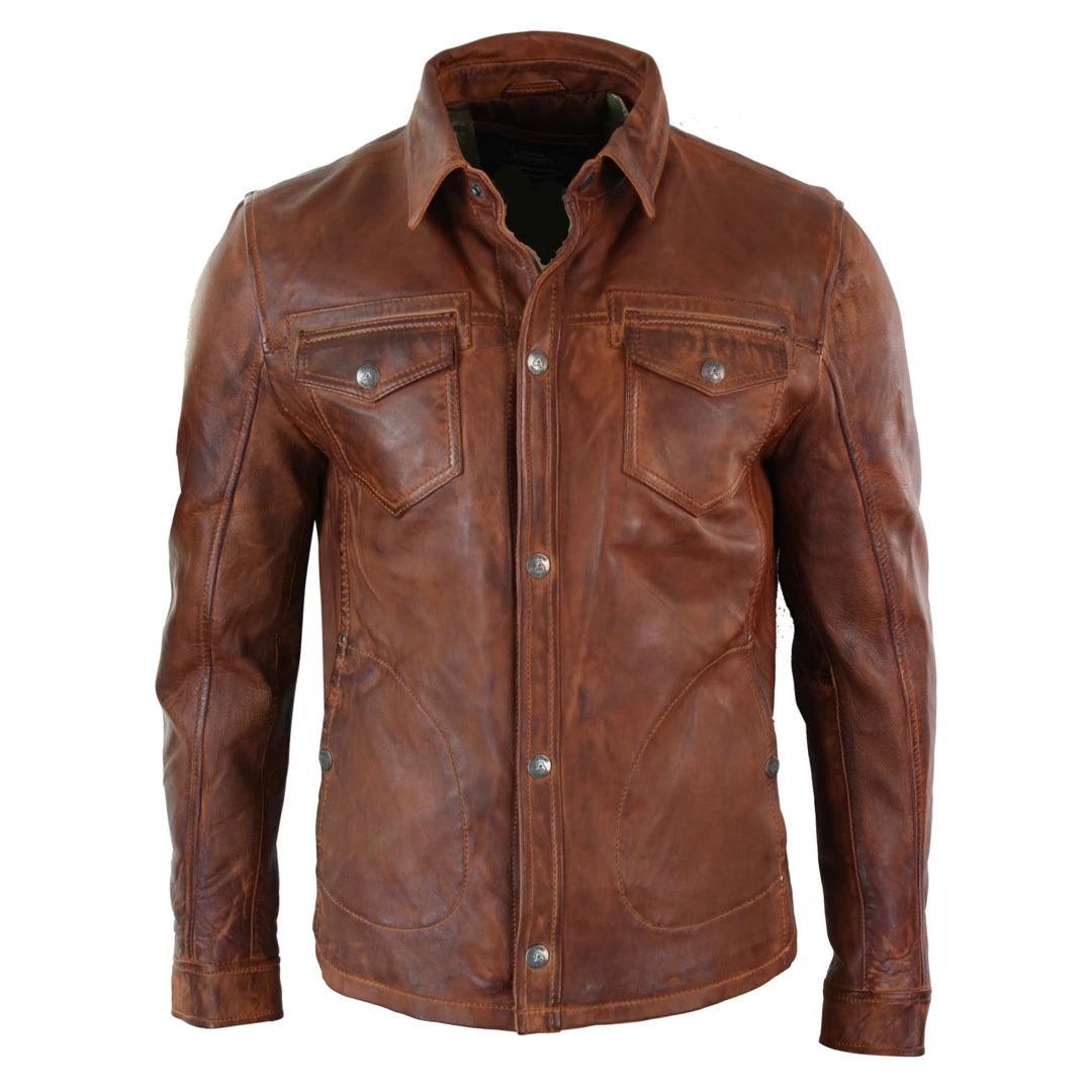 Mens Tan Timber Wine Red Washed Slim Fit Shirt Jacket Retro Smart Casual Genuine Leather