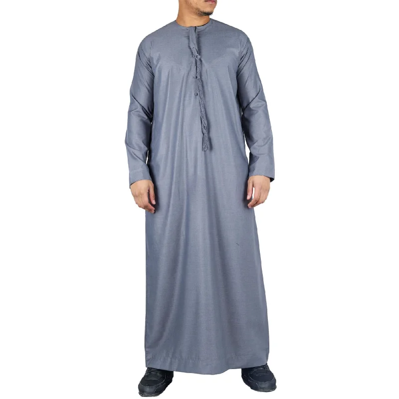 Men's Thobe Emirati Omani Jubba Islamic Clothing Muslim Kaftan Eid Robe Arab String Tassel