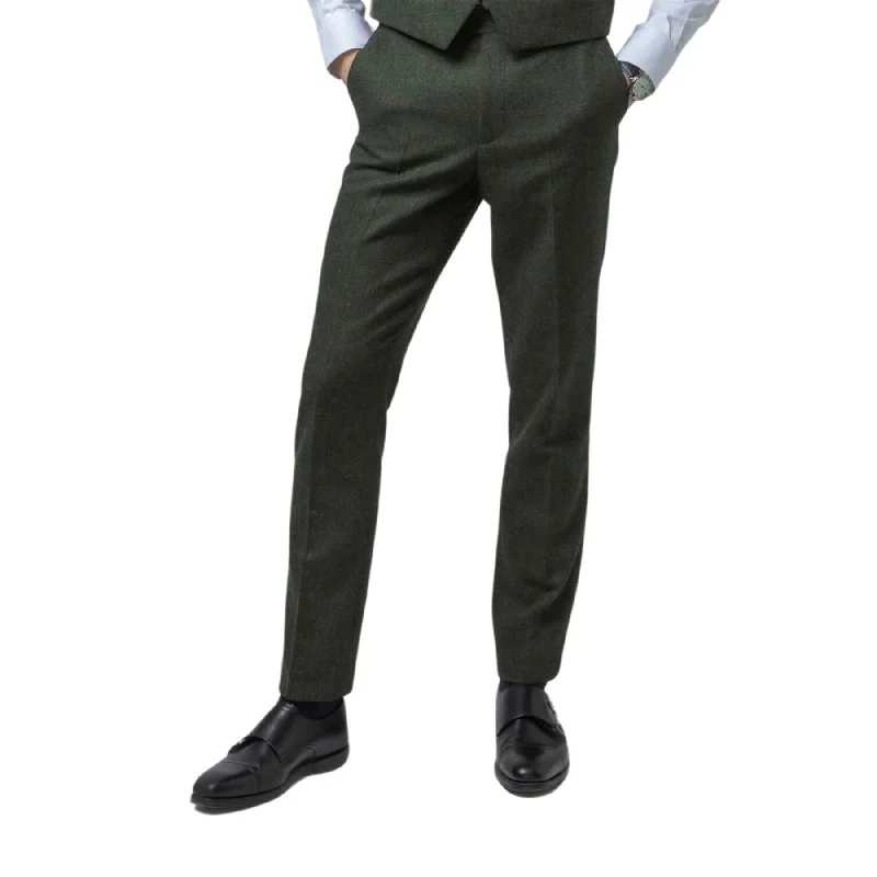 Men's Trousers Wool Blend Olive Green Herringbone Check Tweed Formal Pants