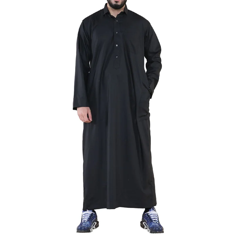 Mens Thobe Jubba Turn Down Collar Islamic Muslim Cotton Kaftan Dress Robe Arabic