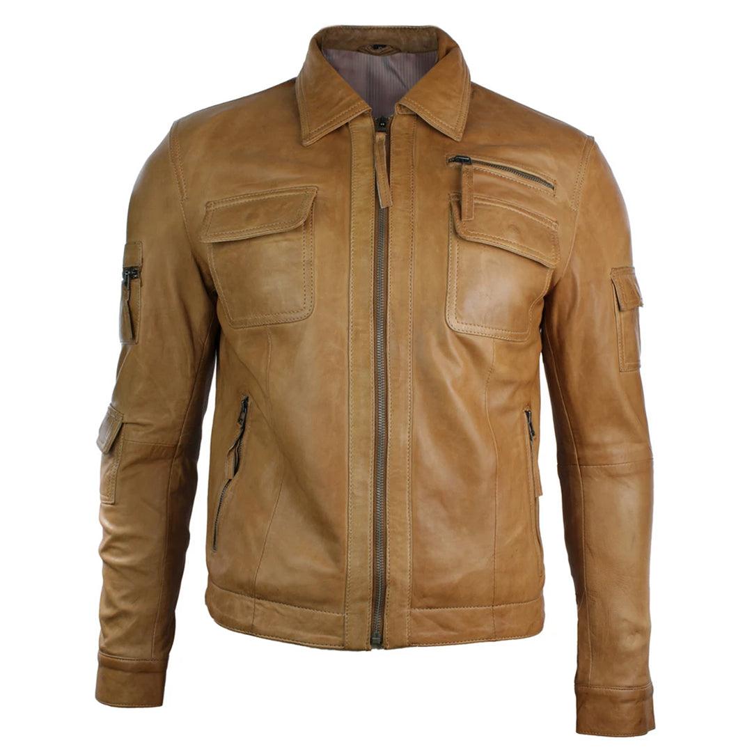 Mens Urban Vintage Short Saints Retro Leather Jacket Tan Brown Fitted Casual