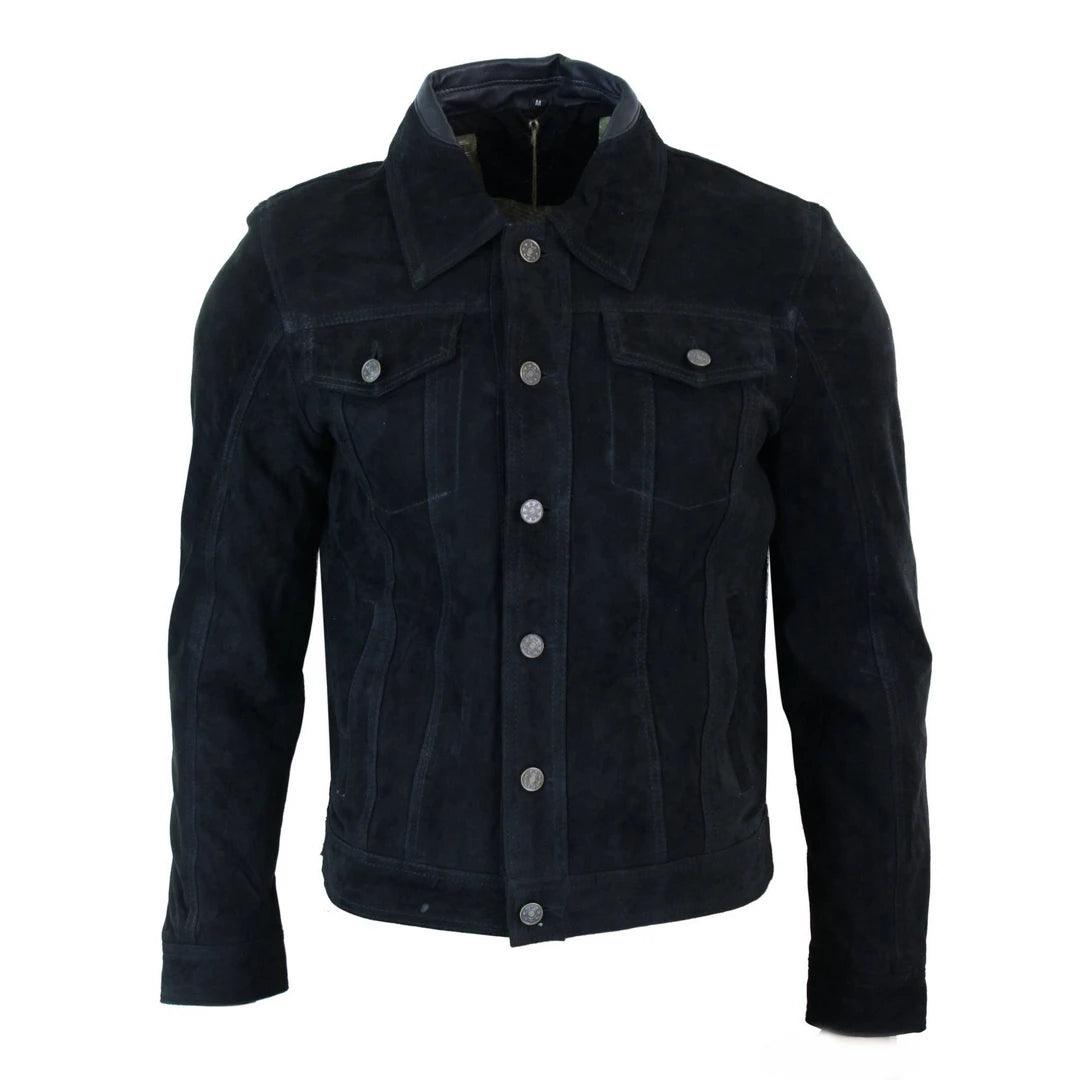 Mens Vintage Short Denim Style Retro Real Suede Leather Jean Jacket Casual