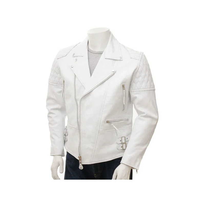 Mens White Leather Biker Jacket