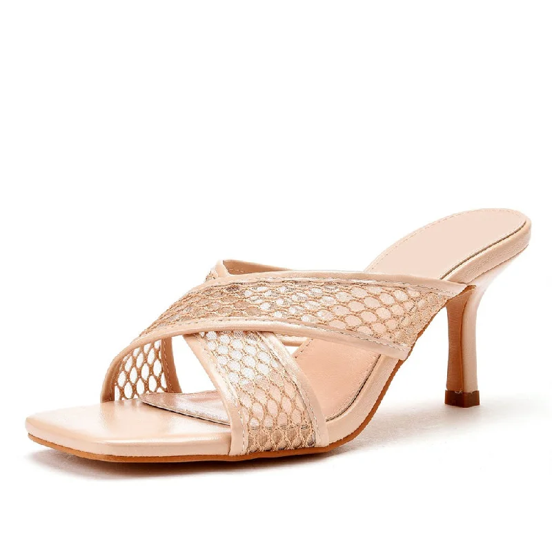 Modern Solid Crisscross Mesh Net Stiletto Mules - Apricot