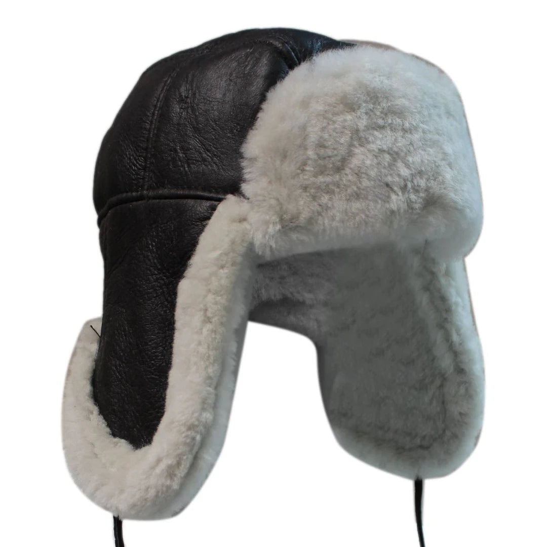 Men's Sherling Sheepskin Pilot Aviator Trapper Hat Flying Cap Leather