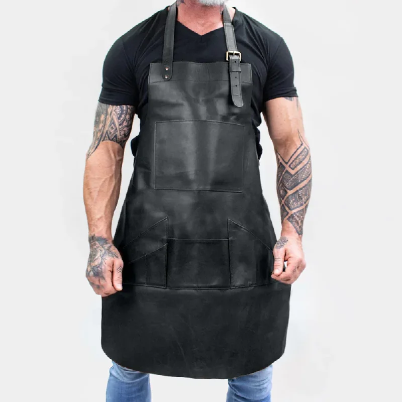 New Men Black Handmade with Premium Leather Multi Pocket Leather Apron