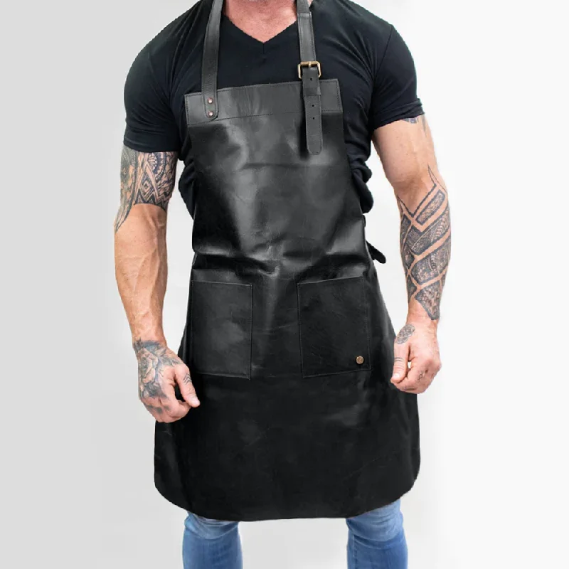 New Men Double Pocket Black Sheepskin Handmade Leather Apron