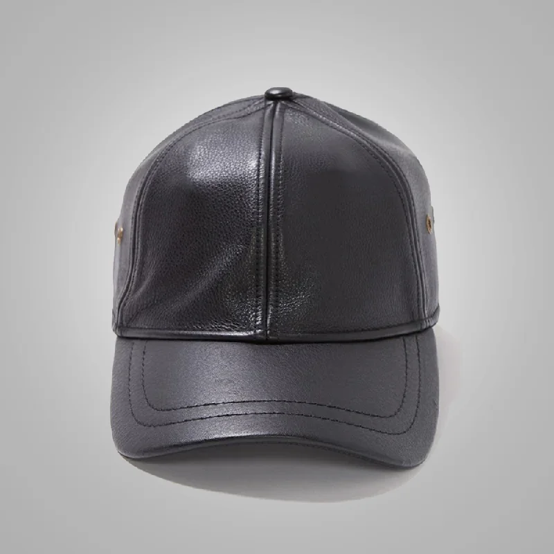 New Men sheepskin Black Leather Baseball Cap