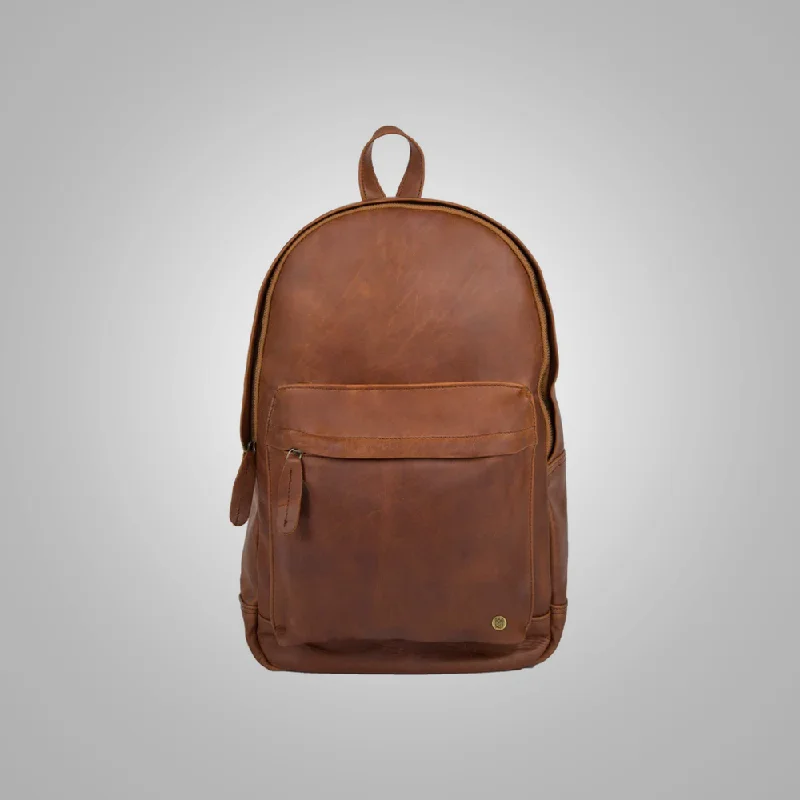 New Men's Brown Lambskin Leather Backpack With Internal Zip Pocket, Two Internal Compartments